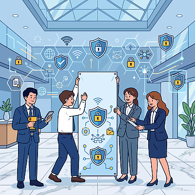 디자인 일러스트 비즈니스 통신 회의 협력 아이디어 기술 설명 사무실 자료 장비 정보 판넬 보호 토론 직원 모던 보안 시스템 인터넷보안 국내일러스트 AI파일 컨셉 모션 안전 파일형식 벡터