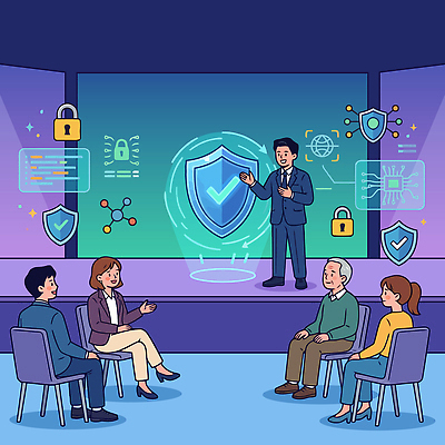 교육 인터넷 일러스트 회사 회의 기술 안전 그래픽 스크린 자료 정보 발표 암호 전문직 보호 군중 보안 시스템 의견 해킹 세미나 인터넷보안 국내일러스트 AI파일 직업 컨셉 비즈니스 사람 파일형식 벡터