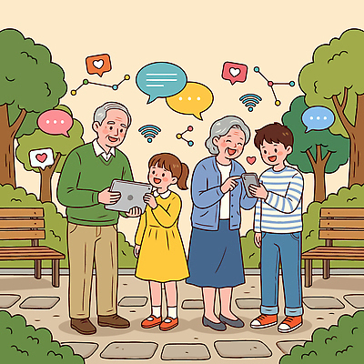 식물 공공시설 여자 노년 남자 감정 어린이 컨셉 의자 관계 말하기 전자제품 핸드폰 스마트기기 손주 보안 파일형식 벡터 가족 공원 대화 태블릿 스마트폰 할아버지 할머니 손녀 소년 나무 벤치 시간 즐거움 소통 취미 기술 스크린 연결 사랑 국내일러스트 일러스트 AI파일 인터넷보안