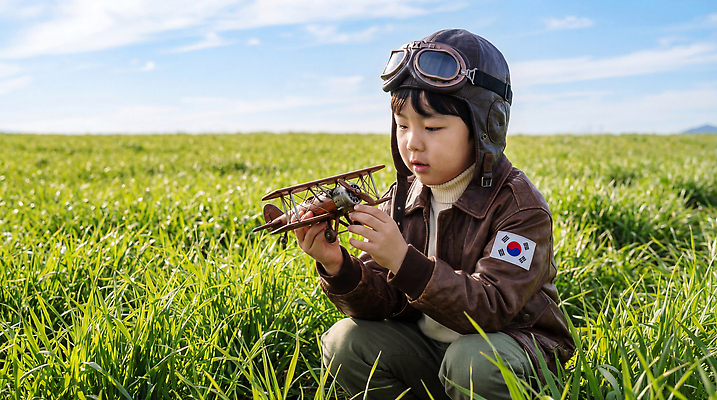 JPG 편집이미지 어린이 상상 자연 하늘 비행기 소년 초원 태극기 파일럿 즐거움 의료성형뷰티 편집실사 AI인물포토 AI콘텐츠 직업 남자 감정 항공교통 대중교통 사람 국기 CG 생태계 파일형식 AI포토
