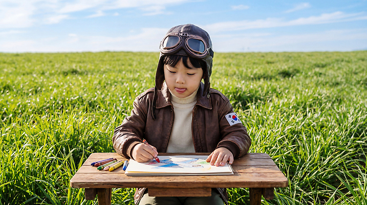JPG 편집이미지 어린이 자연 탁자 하늘 색연필 소년 초원 야외 태극기 파일럿 그림 크레파스 창의력 의료성형뷰티 편집실사 AI인물포토 AI콘텐츠 직업 남자 가구 학용품 사람 국기 CG 생태계 파일형식 AI포토