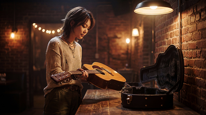 JPG 편집이미지 여자 음악 연주 벽돌 카페 기타 분위기 기타케이스 나무탁자 오디션 창작 혼자 의료성형뷰티 편집실사 AI인물포토 AI콘텐츠 컨셉 가방 탁자 현악기 문화예술 사람 상점 CG 파일형식 AI포토