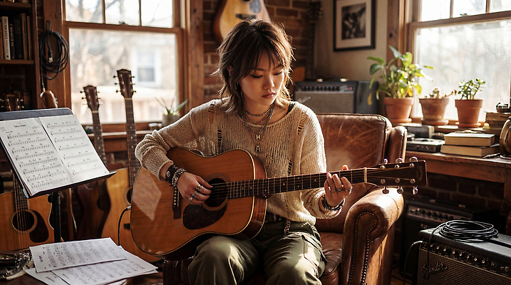 JPG 편집이미지 여자 악기 음악 연주 노래 창문 빛 기타 편안함 집중 악보 오디션 음악실 의료성형뷰티 스타일 편집실사 AI인물포토 AI콘텐츠 컨셉 현악기 문화예술 사람 감각 CG 파일형식 AI포토