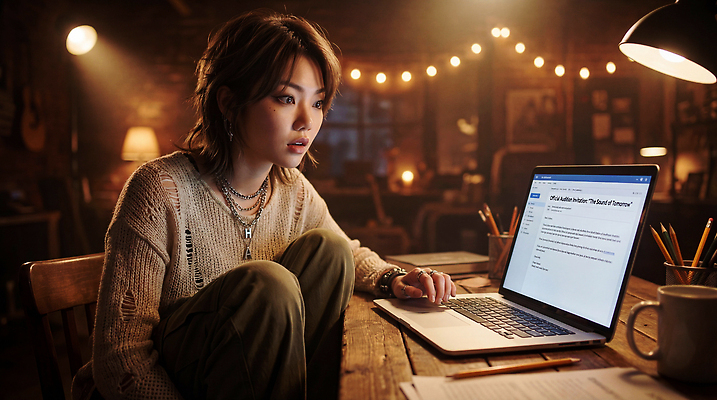 JPG 편집이미지 여자 노트북 컴퓨터 자료 기타 작업 집중 나무탁자 오디션 의료성형뷰티 편집실사 AI인물포토 AI콘텐츠 컨셉 탁자 현악기 사람 전자제품 CG 파일형식 AI포토