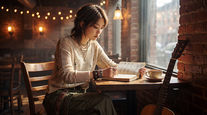 JPG 편집이미지 여자 커피 음악 생각 일상 공책 카페 기타 기록 분위기 창가 오디션 의료성형뷰티 편집실사 AI인물포토 AI콘텐츠 음료 컨셉 창문 현악기 문화예술 문구용품 사람 라이프 상점 CG 파일형식 AI포토