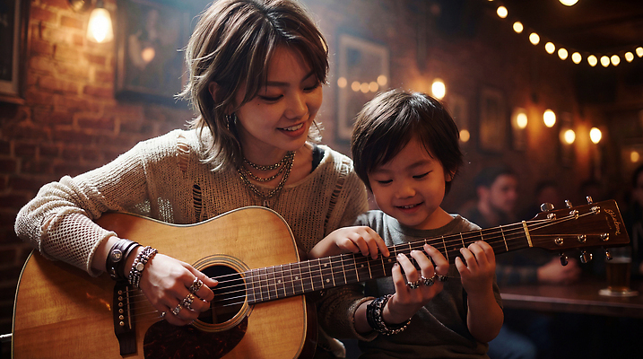 JPG 편집이미지 여자 어린이 악기 음악 연주 가족 기타 즐거움 소통 교감 오디션 의료성형뷰티 편집실사 AI인물포토 AI콘텐츠 감정 컨셉 관계 현악기 문화예술 사람 CG 파일형식 AI포토