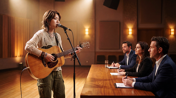 JPG 편집이미지 여자 음악 노래 공연 기타 집중 평가 심사위원 오디션 의료성형뷰티 편집실사 AI인물포토 AI콘텐츠 컨셉 현악기 문화예술 사람 이벤트 CG 파일형식 AI포토