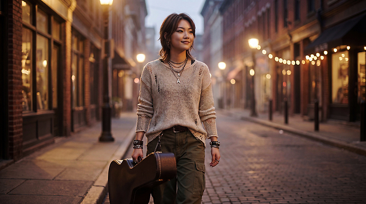 JPG 편집이미지 여자 음악 가로등 거리 사람 빛 걷기 상점 자유 기타 골목길 오디션 의료성형뷰티 편집실사 AI인물포토 AI콘텐츠 공공시설 길 컨셉 모션 현악기 문화예술 CG 파일형식 AI포토