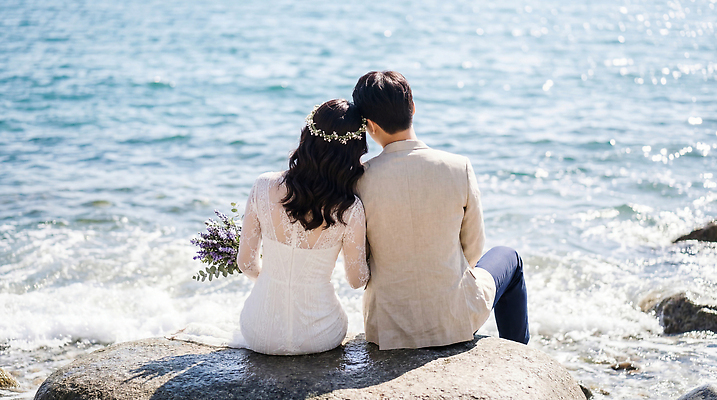 JPG 편집이미지 커플 응시 여자 남자 바다 꽃다발 부케 웨딩드레스 결혼식 사랑 앉기 턱시도 햇빛 편안함 순간 신랑신부 의료성형뷰티 셀프웨딩 편집실사 AI인물포토 AI콘텐츠 시선 드레스 꽃 감정 신부_웨딩 신랑 결혼 관계 모션 사람 정장 태양 감각 CG 파일형식 웨딩촬영 AI포토