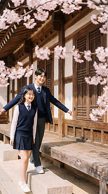 JPG 나무 편집이미지 학생 계절 여자 남자 교복 학교 한옥 대화 웃음 풍경 친구 청춘 걷기 봄 벚꽃 벚나무 즐거움 의료성형뷰티 편집실사 AI인물포토 AI콘텐츠 식물 한국전통 옷 교육 꽃 감정 컨셉 고건축 관계 모션 표정 말하기 사람 CG 파일형식 AI포토