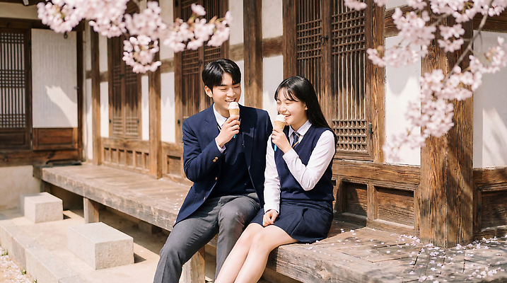 JPG 편집이미지 학생 전통 여자 남자 교복 아이스크림 한옥 한국 이야기 웃음 친구 청춘 봄 벚꽃 벚나무 즐거움 의료성형뷰티 편집실사 AI인물포토 AI콘텐츠 나무 한국전통 옷 계절 꽃 감정 아시아 컨셉 고건축 관계 디저트 표정 사람 CG 파일형식 AI포토