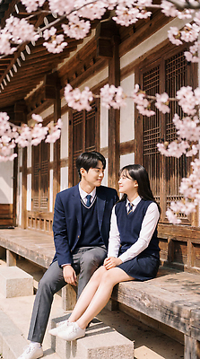 JPG 편집이미지 학생 여자 남자 꽃 행복 교복 한옥 대화 앉기 풍경 청춘 봄 벚꽃 벚나무 나란히 의료성형뷰티 편집실사 AI인물포토 AI콘텐츠 나무 식물 한국전통 옷 계절 감정 컨셉 고건축 모션 말하기 사람 CG 파일형식 AI포토