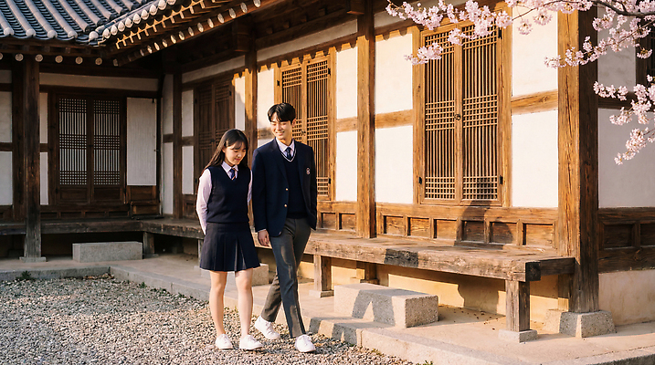 JPG 편집이미지 학생 여자 남자 교복 학교 한옥 한국 이야기 청춘 걷기 봄 우정 벚꽃 벚나무 의료성형뷰티 편집실사 AI인물포토 AI콘텐츠 나무 한국전통 옷 계절 교육 꽃 아시아 컨셉 고건축 모션 사람 친구 CG 파일형식 AI포토