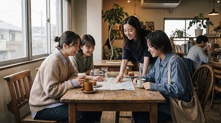 JPG 편집이미지 여자 커피 여행 지도 탁자 디저트 대화 웃음 친구 우정 카페 모임 계획 오후 의료성형뷰티 편집실사 AI인물포토 AI콘텐츠 음료 음식 가구 컨셉 관계 표정 말하기 사람 상점 CG 파일형식 AI포토