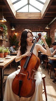 JPG 나무 식물 편집이미지 여자 예술 음악 연주 여러명 식사 카페 연주자 방 분위기 첼로 의료성형뷰티 편집실사 AI인물포토 AI콘텐츠 다수 컨셉 문화예술 사람 상점 음악가 CG 파일형식 찰현악기 AI포토