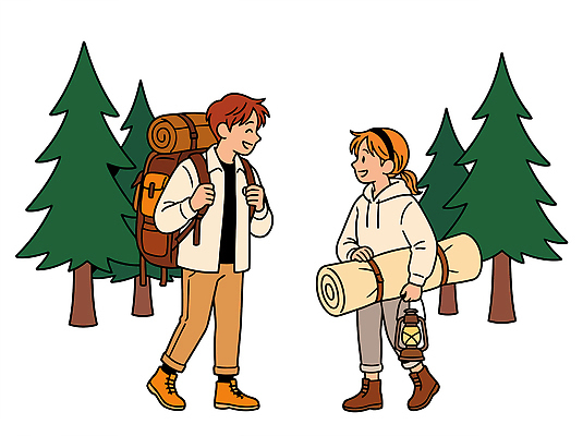 컨셉 가방 관계 모션 레저 조명 말하기 사람 생태계 파일형식 벡터 캠핑 숲 대화 배낭 랜턴 매트 자연 야외 여행 장비 걷기 준비 친구 탐험 도전 어둠 흥미 국내일러스트 일러스트 AI파일 성인 남자 여자