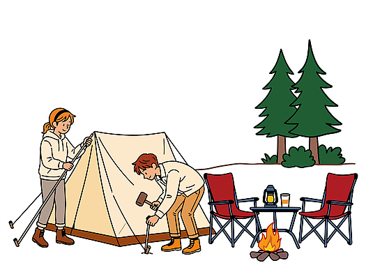 식물 계절 가구 컨셉 관계 불 레저 캠핑도구 사람 공구 생태계 파일형식 벡터 캠핑 텐트 모닥불 나무 야외 모션 여행 가족 친구 자연 장비 도전 의자 막대기 망치 도구 여름 주말 휴식 국내일러스트 일러스트 AI파일 성인 남자 여자