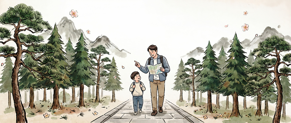 JPG 나무 공원 꽃 길 아들 여행 지도 일러스트 가족 자연 하늘 산 풍경 산책 만남 역사 아빠 즐거움 소통 국내일러스트 AI일러스트 AI콘텐츠 여주시 식물 공공시설 감정 컨셉 관계 휴식 생태계 경기도 파일형식