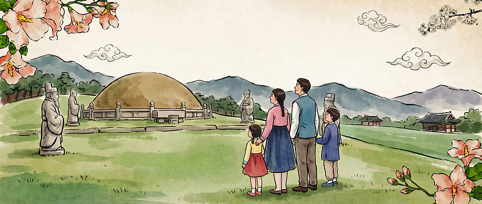 JPG 전통 응시 꽃 문화 여행 일러스트 가족 산 풍경 부모 조각상 자녀 시골 역사 방문 탐방 국내일러스트 AI일러스트 AI콘텐츠 여주시 식물 시선 관계 조형물 경기도 파일형식