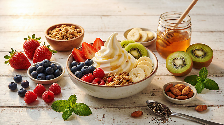 JPG 편집이미지 과일 딸기 바나나 건강 키위 견과류 아침식사 시리얼 민트 블루베리 산딸기 아몬드 꿀 요거트 요거트볼 편집실사 AI포토 AI콘텐츠 음식 유제품 식사 허브 CG 파일형식