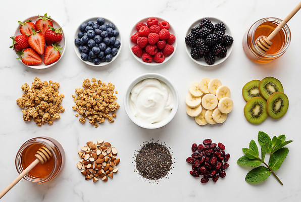 JPG 편집이미지 과일 딸기 바나나 키위 민트 블루베리 산딸기 아몬드 꿀 블랙베리 요거트 그래놀라 치아시드 요거트볼 편집실사 AI포토 AI콘텐츠 음식 유제품 씨앗 견과류 허브 CG 파일형식