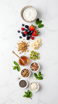 JPG 편집이미지 과일 딸기 바나나 건강 키위 견과류 아침식사 민트 블루베리 코코넛 꿀 요거트 그래놀라 요거트볼 편집실사 AI포토 AI콘텐츠 음식 유제품 식사 허브 CG 파일형식