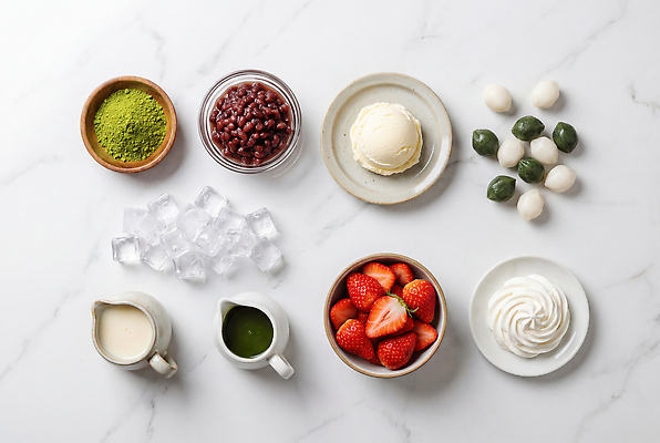 JPG 편집이미지 과일 딸기 아이스크림 디저트 콩 떡 달콤 차가움 녹차 크림 준비 빙수 말차 편집실사 AI포토 AI콘텐츠 음식 곡류 차_음료 맛 CG 파일형식