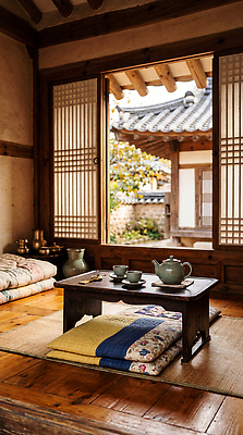 JPG 편집이미지 고건축 창문 자연 탁자 한옥 한국 풍경 생활 다도 찻주전자 나무바닥 기와지붕 다과 편집실사 AI포토 AI콘텐츠 한국전통 건축물 아시아 가구 주전자 지붕 디저트 바닥 기와 예절 CG 생태계 파일형식