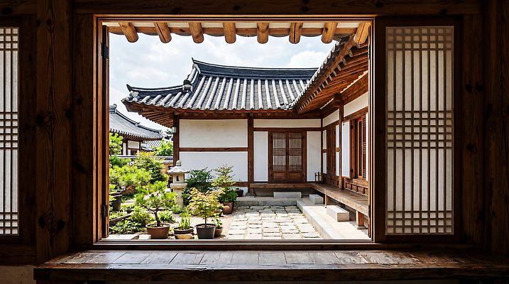 JPG 나무 편집이미지 전통 건축 화분 창문 자연 하늘 한옥 한국 정원 기와지붕 고택 편집실사 AI포토 AI콘텐츠 식물 한국전통 건축물 아시아 고건축 지붕 기와 CG 생태계 파일형식