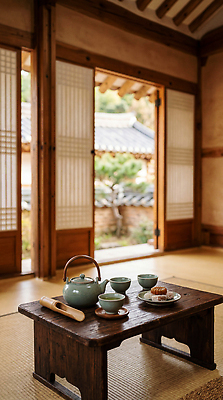 JPG 편집이미지 전통 화분 주택 한국 정원 차 준비 기와지붕 다과 다과상 미닫이문 순간 편집실사 AI포토 AI콘텐츠 아시아 음료 지붕 디저트 기와 건물 CG 파일형식