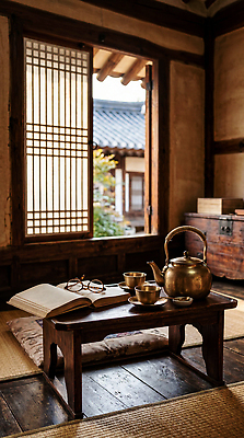 JPG 편집이미지 전통 문화 창문 탁자 한옥 한국 풍경 독서 방 찻잔 찻주전자 준비 기와지붕 편집실사 AI포토 AI콘텐츠 한국전통 아시아 가구 고건축 주전자 지붕 잔 기와 CG 파일형식