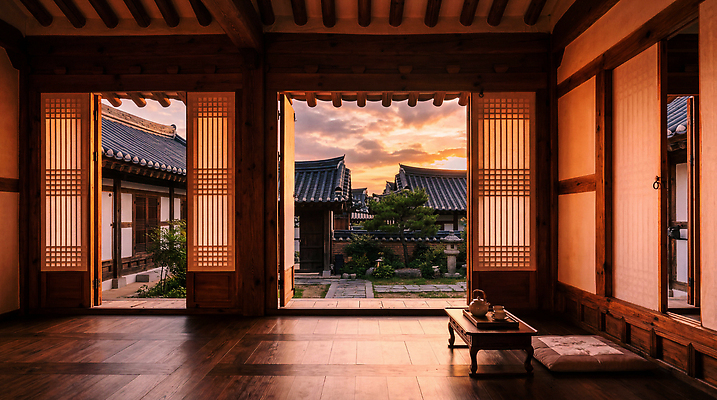 JPG 나무 편집이미지 전통 창문 자연 탁자 하늘 한옥 한국 실내 풍경 마을 노을 고요 저녁 기와지붕 편집실사 AI포토 AI콘텐츠 자연요소 식물 한국전통 아시아 가구 고건축 지붕 기와 내부 밤 야간 CG 생태계 파일형식