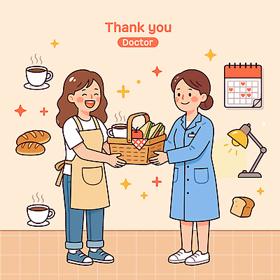 직업 감정 음료 음식 회사 의학 관계 디저트 표정 말하기 사람 이벤트 의료진 파일형식 벡터 감사 의사 바구니 선물 빵 대화 미소 여자 케이크 커피 건강 친구 직장 병원 기념일 행복 나눔 AI파일 국내일러스트 일러스트