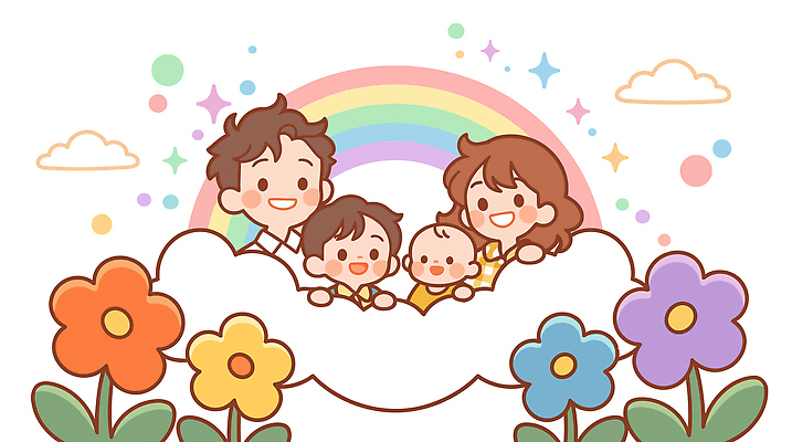 꽃 행복 어린이 무지개 일러스트 가족 자연 휴식 함께함 사랑 웃음 부모 시간 즐거움 장면 가정의달 동심 국내일러스트 AI파일 자연요소 식물 감정 컨셉 관계 표정 사람 5월 생태계 파일형식 벡터