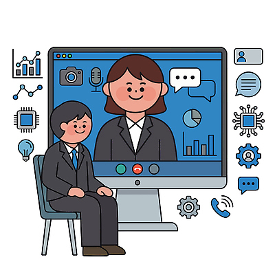 여자 남자 일러스트 비즈니스 통신 회의 그래픽 컴퓨터 카메라 스크린 자료 정보 발표 고객 마이크 상담 취업준비생 소통 채용박람회 국내일러스트 AI파일 음향기기 컨셉 사람 전자제품 구직 박람회 파일형식 벡터