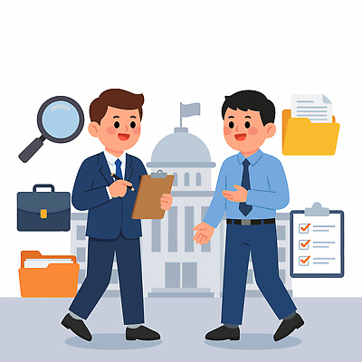 남자 일러스트 협력 대화 건물 사무실 자료 정보 업무 사무 계획 검사_조사 문서 시민 서류판 정부 정치 체크리스트 국내일러스트 AI파일 건축물 컨셉 비즈니스 말하기 사람 사무용품 작업 국민 파일형식 벡터