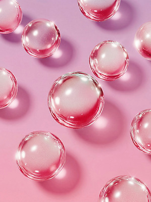 JPG 편집이미지 디자인 시선 분홍색 백그라운드 빛 반사 물방울 투명 비눗방울 입자 구슬 버블 물질 이미지편집 AI컴퓨터그래픽 AI콘텐츠 컬러 파일형식