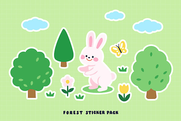 식물 감정 컬러 곤충 컨셉 포유류 반려동물 생태계 파일형식 벡터 토끼 나무 꽃 나비 숲 스티커 초록색 자연 귀여움 동물 그래픽 즐거움 국내일러스트 일러스트 AI파일