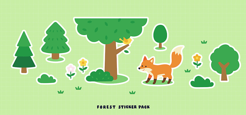 식물 계절 컬러 포유류 생태계 파일형식 벡터 숲 여우 나무 꽃 초록색 자연 동물 스티커 산 여름 국내일러스트 일러스트 AI파일