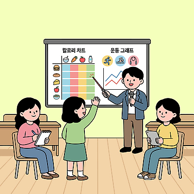 학생 교육 어린이 다이어트 일러스트 교실 수업 그래프 건강 생활 학습 운동 교사 식사 칼로리 습관 국내일러스트 AI파일 직업 학교 사람 파일형식 벡터