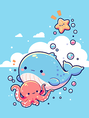 자연요소 동물 감정 포유류 관계 연체동물 표정 바닷속 수중동물 수상스포츠 파일형식 벡터 고래 문어 바다 수영 거품 별 캐릭터 웃음 즐거움 친구 상상 해저 수중 생명 국내일러스트 일러스트 AI파일