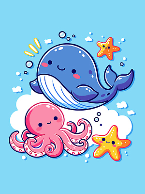 자연요소 동물 감정 포유류 관계 모션 연체동물 표정 수중동물 수상스포츠 서비스 파일형식 벡터 고래 문어 바다 수영 즐거움 별 하늘 클라우드서비스 친구 생명 놀기 수중 상상 장면 웃음 국내일러스트 일러스트 AI파일