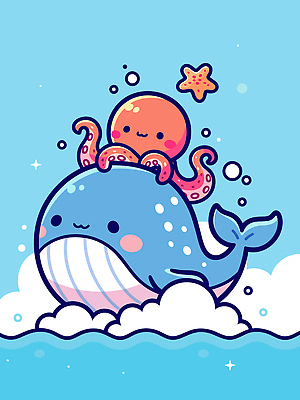 자연요소 감정 컨셉 포유류 관계 연체동물 수중동물 수상스포츠 파일형식 벡터 고래 문어 별 바다 하늘 수중 동물 즐거움 그림 친구 상징 수영 귀여움 풍경 생물 이미지 국내일러스트 일러스트 AI파일
