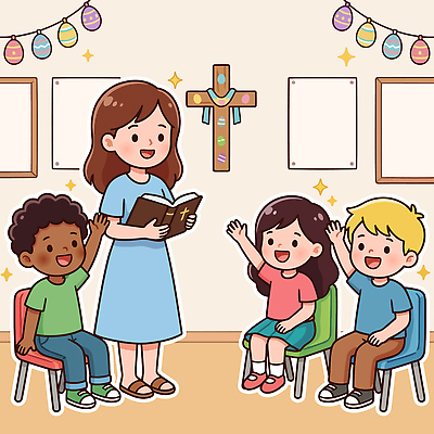 교육 종교 어린이 의자 일러스트 교실 모션 부활절 이야기 웃음 장식 책 친구 학습 교사 성경 모임 색종이 소통 공동체 손흔들기 국내일러스트 AI파일 직업 기념일 종이 가구 컨셉 종교용품 학교 관계 표정 사람 파일형식 벡터