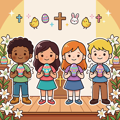전통 기독교 종교 어린이 일러스트 가족 모션 부활절 웃음 장식 친구 교회 계란 축제 봄 금색 역사 즐거움 국내일러스트 AI파일 계절 기념일 감정 컬러 관계 표정 사람 알 파일형식 벡터