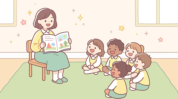 교육 어린이 의자 일러스트 교실 동화 바닥 이야기 책 학습 교사 유치원 분위기 집중 읽기 즐거움 유치원선생님 그림책 소통 국내일러스트 AI파일 직업 감정 가구 컨셉 학교 모션 사람 파일형식 벡터