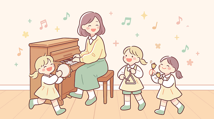 직업 교육 감정 음악 컨셉 학교 관계 문화예술 사람 교사 건반악기 파일형식 벡터 피아노 교실 악기 연주 즐거움 학습 소통 협력 리듬 노래 어린이 친구 수업 국내일러스트 일러스트 AI파일 유치원선생님 유치원
