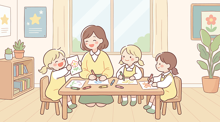 직업 교육 다수 컨셉 학교 관계 학용품 사람 교사 파일형식 벡터 어린이 교실 수업 그림 색칠 크레파스 학습 창의성 친구 여러명 소통 도움 작업 국내일러스트 일러스트 AI파일 유치원선생님 유치원