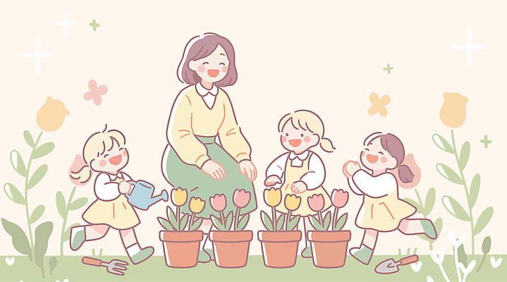 식물 교육 꽃 감정 관계 모션 표정 사람 취미 교사 생태계 파일형식 벡터 심기 정원 웃음 물주기 화분 튤립 자연 가족 즐거움 커뮤니케이션 원예 국내일러스트 일러스트 AI파일 어린이 유치원선생님 유치원