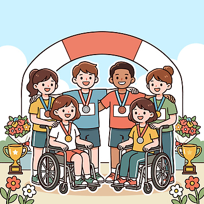 식물 감정 관계 표정 경기 육상스포츠 상_우승 체육 대회 장애 상_상패 파일형식 벡터 법정기념일 휠체어 기념사진 메달 친구 웃음 장애인 체육대회 협력 결승선 꽃 상패 응원 모션 스포츠 그룹 순간 행복 국내일러스트 일러스트 AI파일 마라톤 장애인의날